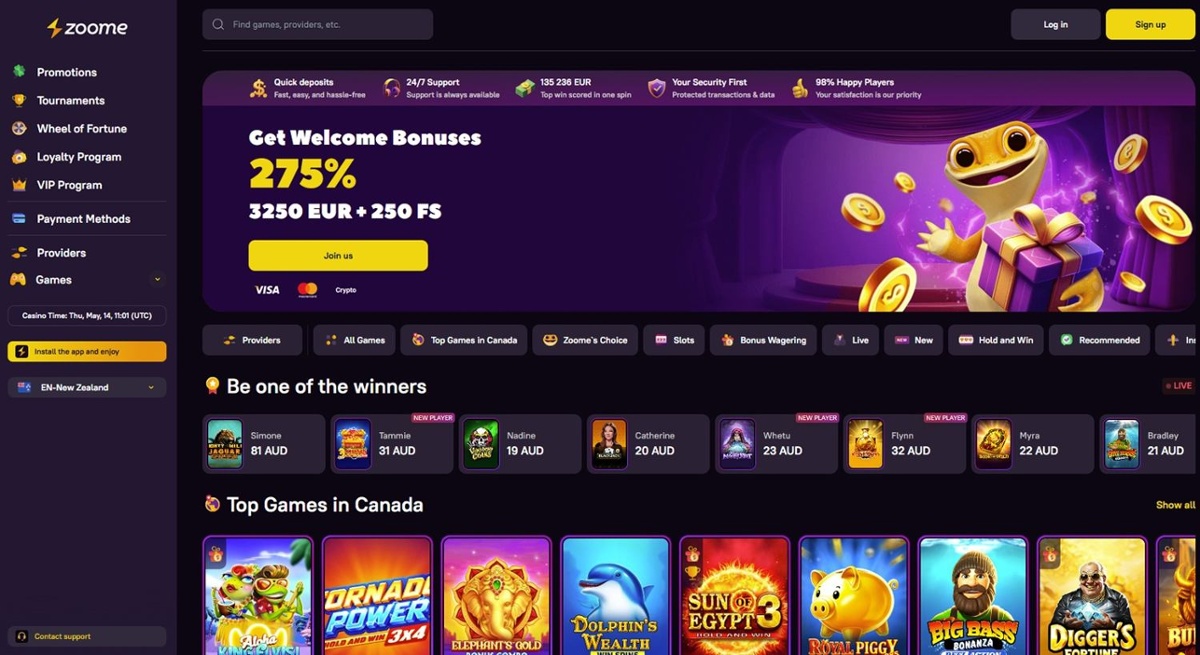Zoome casino homepage showing the welcome bonus and top casino games in New Zealand